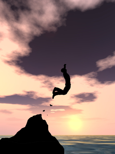 概念または概念 3 d 若い男やウォーター ギャップ日没や日の出の空の背景の上の崖から幸せなビジネスマンのシルエット ジャンプ - 写真・画像