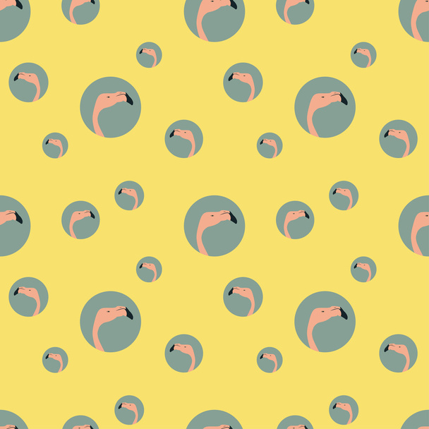 Seamless pattern with flamingo in circle. Yellow background with flamingo head - Vetor, Imagem