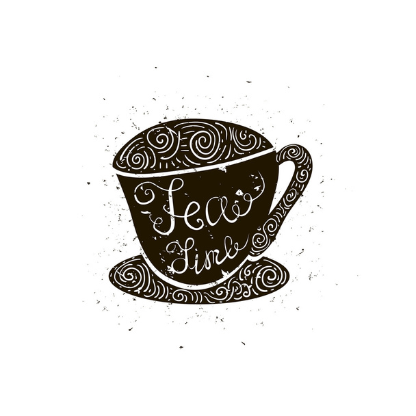 Black silhouette of a cup with lettering isolated on white. Hand drawn vector illustration of a cup with quote 'Tea time' - Вектор,изображение