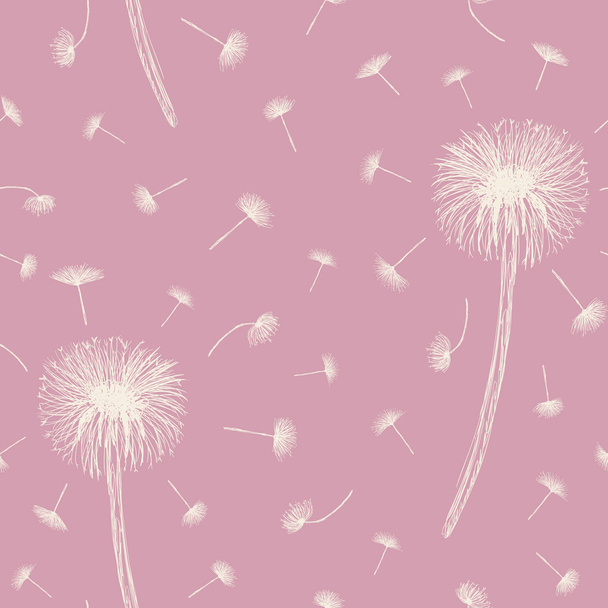 Seamless vector pattern with hand drawn white dandelions on pink background. Creative hand drawn floral texture - Vector, Imagen