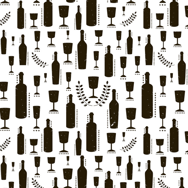 Texture with black wine bottles and glasses. Vintage shabby pattern - Vector, afbeelding