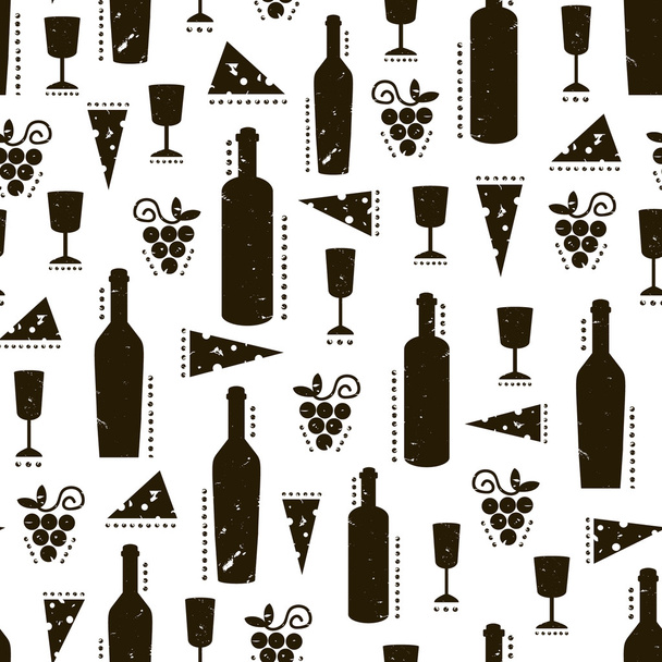 Texture with black wine bottles, glasses, cheese and grapes. Vintage shabby pattern on white background - Vektor, Bild