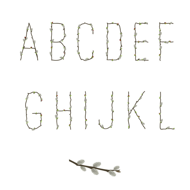 Decorative alphabet like Easter willow branch. Vector creative floral alphabet isolated on white. Set one - Vektori, kuva