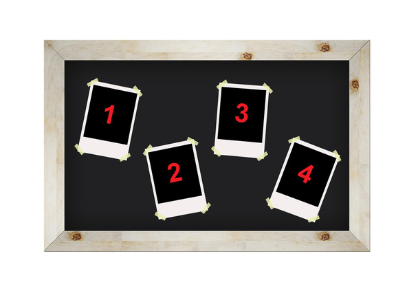Blank photo frames on blackboard isolated on white - Φωτογραφία, εικόνα