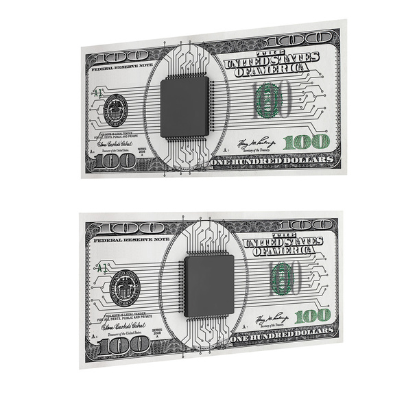 Ψηφιακό χρήμα έννοια. Μικροτσίπ με κύκλωμα δολάρια λογαριασμούς - Φωτογραφία, εικόνα