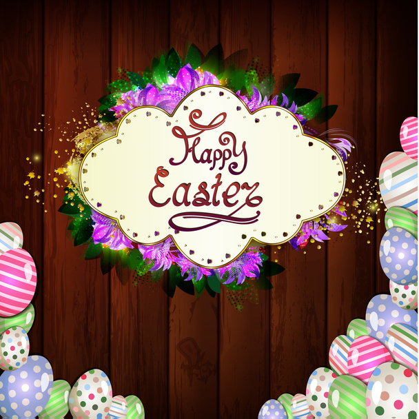 Happy Easter greeting on a wooden background with gold glitter - Vector, afbeelding