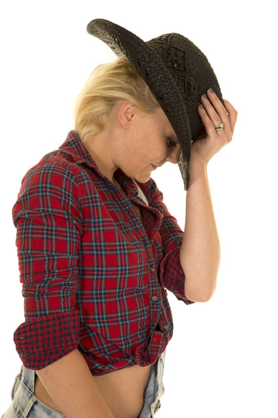 cowgirl red plaid and overalls side look down - Foto, Imagem