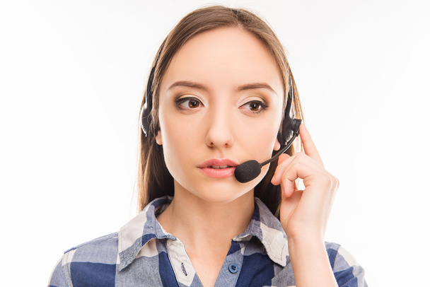 Close up portrait of young cheerful agent of call centre - 写真・画像