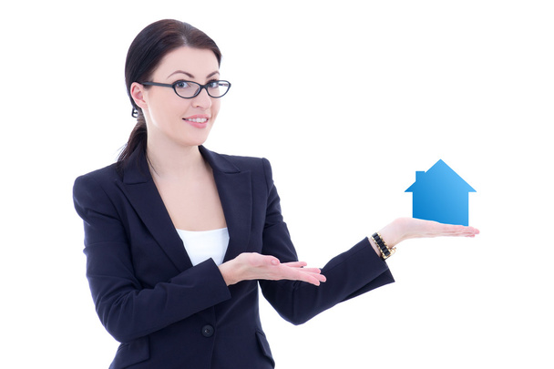 young beautiful business woman holding small house in hand isola - Foto, Imagen