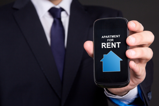 smart phone with real estate application in business man hand - Foto, afbeelding