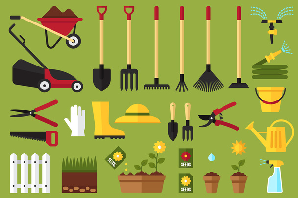 Иконки садовых инструментов, плоский стиль
 - Вектор,изображение