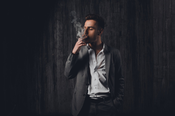 Sexy brutal man in gray suit smoking a cigar - 写真・画像