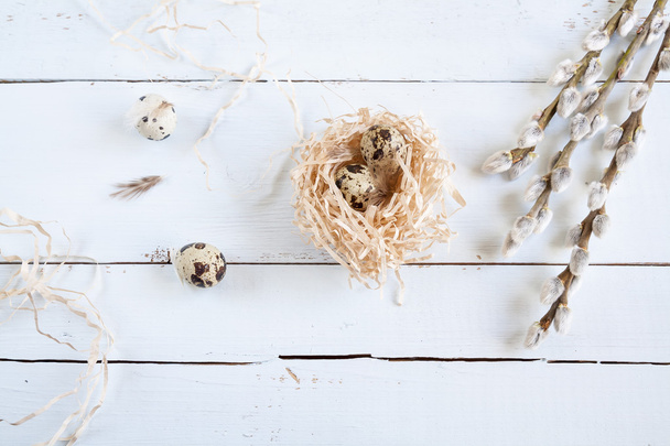 Easter background with quail eggs in nest and pussy willow - Foto, imagen