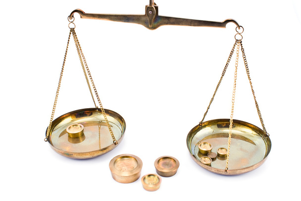 Golden balance scales with weights - Fotoğraf, Görsel