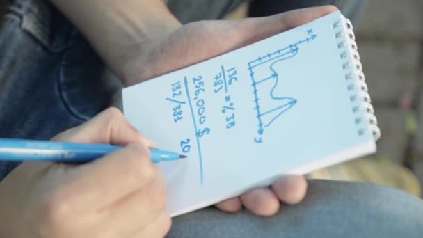 Hombre mano dibuja tareas matemáticas por marcador azul en cuaderno de papel, gráfico. Verano
 - Metraje, vídeo