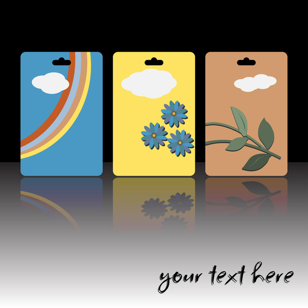 Graphic illustration of three separate cards with natural decoration on top - Vector, Image