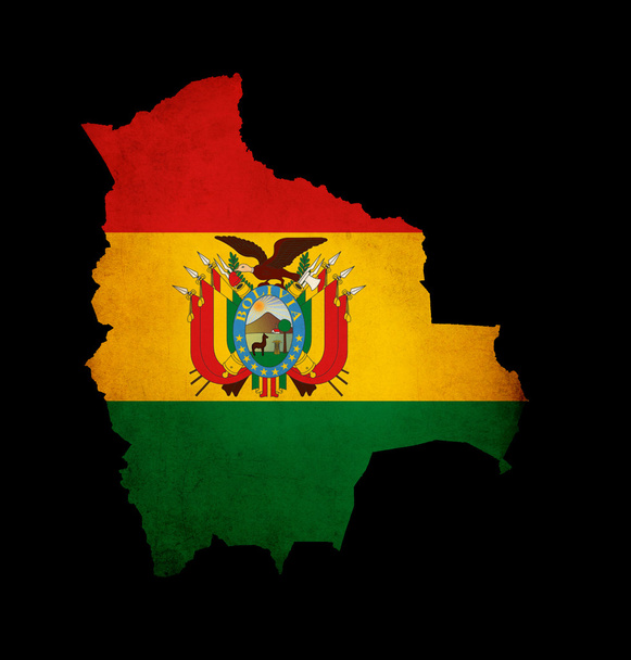 Outline map of Bolivia with grunge flag insert isolated on black - Photo, Image