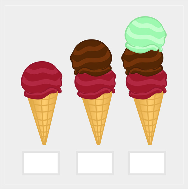 Ice-cream illustration set. Price list with a set of balls of ice-cream in small wafer cones - Vettoriali, immagini