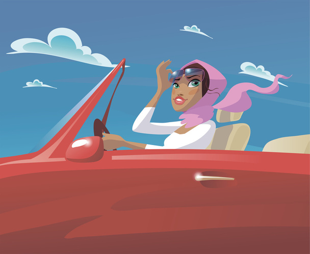 beautiful young girl riding in an open car - Vector, Image