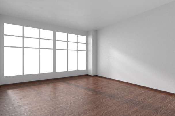 Pusty pokój z podłogą wyłożoną parkietem, biały teksturowanej ściany i okna - Zdjęcie, obraz
