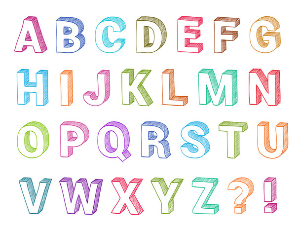 Alphabet set 3d form hand drawn vector. Sketch font for school a - Vektör, Görsel