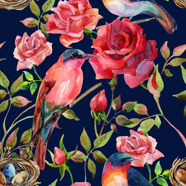 Акварельні птахи на рожевих і червоних трояндах
 - Фото, зображення
