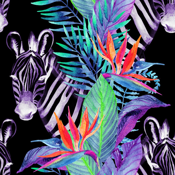Tropical jungle seamless pattern. Floral design with zebra on white background. - Photo, Image