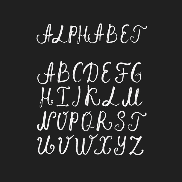 Handwritten calligraphic white alphabet written with brush pen on black background. Handmade ABC font typography - Vektör, Görsel