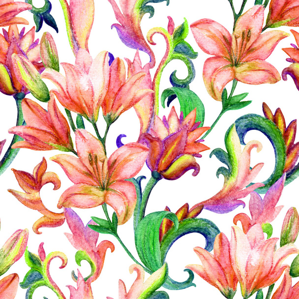 lily seamless pattern with watercolor painted ornament - Foto, imagen