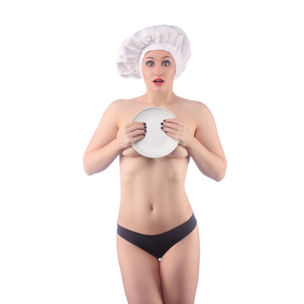 Naked restaurant chef with plate for a menu. - Photo, image