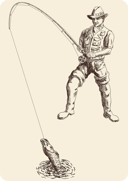 A fisherman catches a pike - Vektör, Görsel