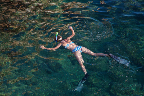 Genç kadın tropikal gölünde snorkeling - Fotoğraf, Görsel