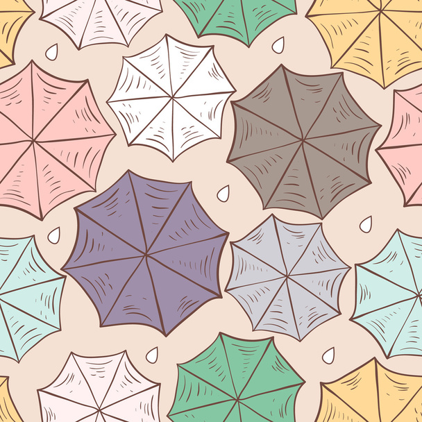 Cartoon hand drawn umbrella. Vector seamless baby pattern. Texture umbrellas on vanilla background. Umbrella view from above - Vektor, kép