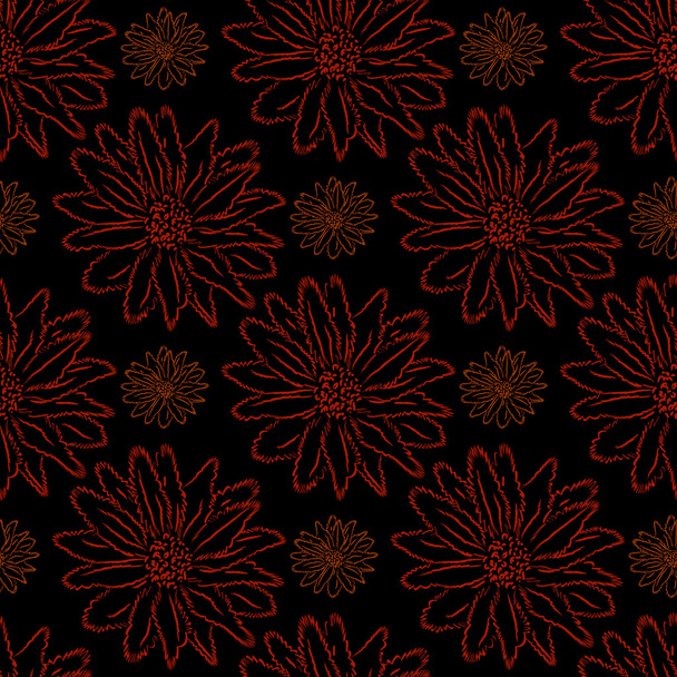 Blumenschmuck auf schwarzem Hintergrund, nahtloses Muster. - Vektor, Bild