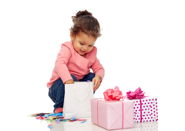 happy little baby girl with birthday presents - Photo, Image