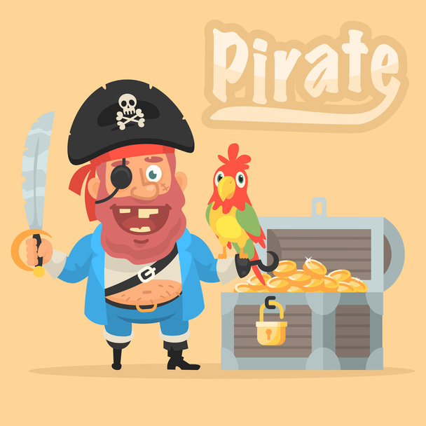 Pirat z papuga i skrzynia ze złotem - Wektor, obraz
