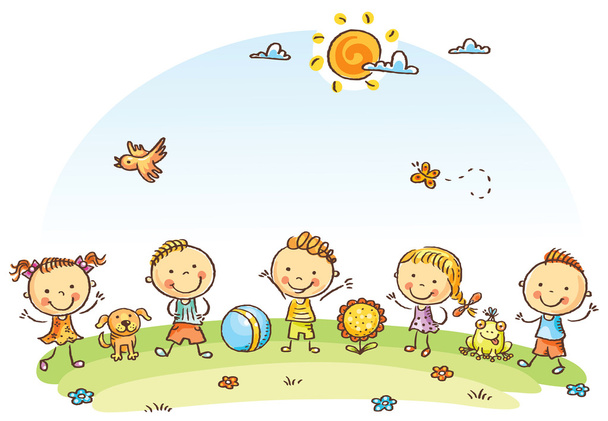 Щасливі мультиплікаційні діти на відкритому повітрі на зеленому лузі
 - Вектор, зображення