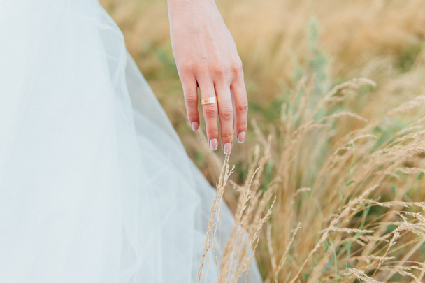 Tender beautiful bride's hands on white wedding dress  - Foto, Imagem
