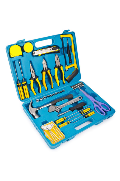 Boîte à outils avec de nombreux outils isolés sur blanc
 - Photo, image