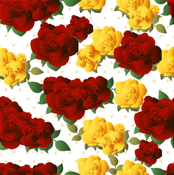 Red and yellow roses on the white background. Hand drawn seamless pattern. - ベクター画像