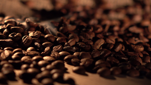 Coffee beans with star anise on barrel, cam moves to the right, close up - Footage, Video