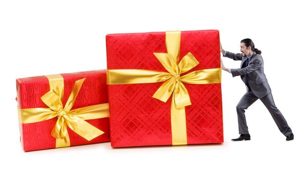 Businessman with gift boxes on white - Photo, image