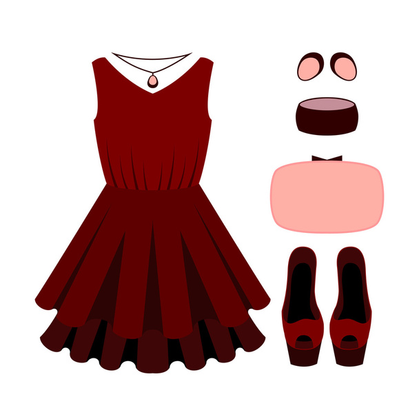 Set of trendy women's clothes with dress - Vector, Image