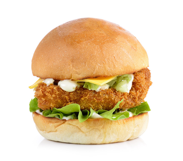 Hamburger z kurczakiem i serem na białym tła - Zdjęcie, obraz