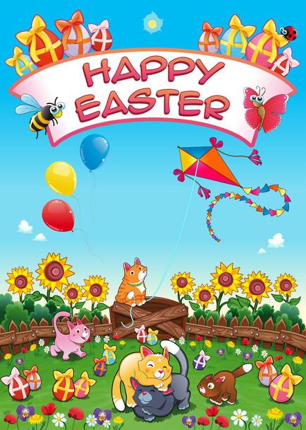 Tarjeta de Pascua feliz con gatos y huevos divertidos
 - Vector, imagen