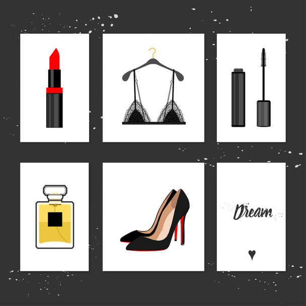 Set of fashion elements. Lipstick, black lace bra,shoes,mascara, - Vector, Image