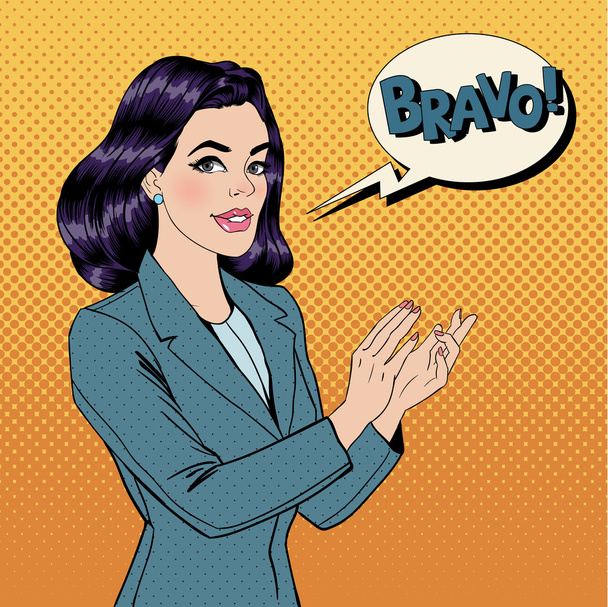 Pop Art Woman Applauding with Expression Bravo - Vector, Image