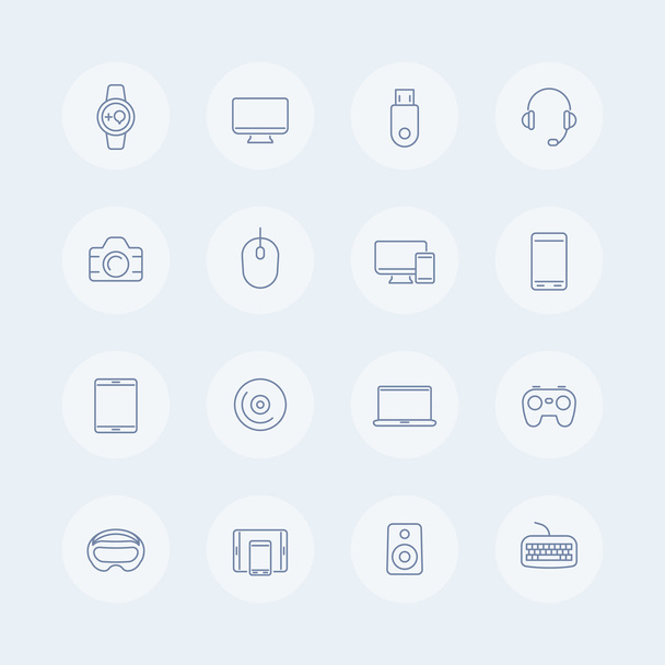 Modern gadgets thin line icons, vr devices, wearable gadget, electronics, vr glasses, gadgets icons, symbols, vector illustration - Vettoriali, immagini