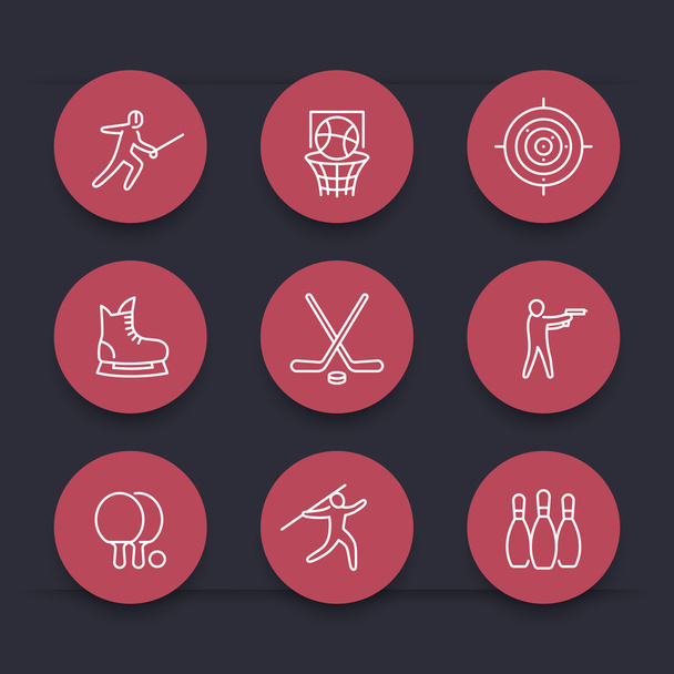 спорт, игры, иконки командных спортивных линий, хоккей, баскетбол, стрельба спортом, фехтование круглые красные иконки, векторные иллюстрации
 - Вектор,изображение