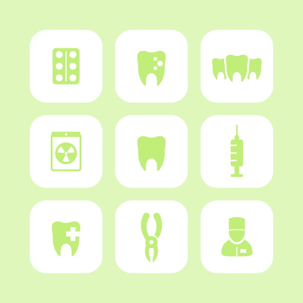 Icônes dentaires, soins dentaires, cavité dentaire, pinces dentaires, soins dentaires, stomatologie, ensemble d'icônes carrées arrondies plates, vecteur
  - Vecteur, image